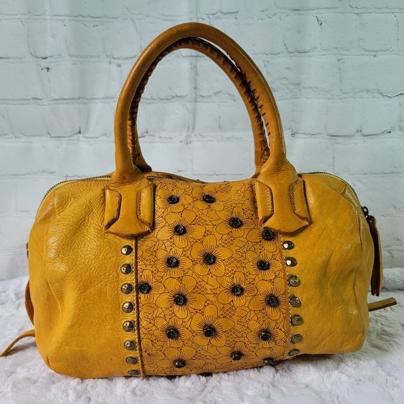 COSTANZA ROTA Yellow Floral Rivets Leather Top Handle Crossbody Bag - Picture 3 of 14